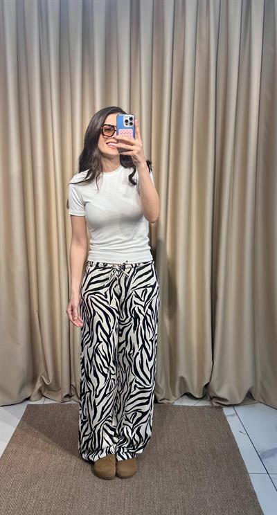 Zebra Desen Bol Paça Saten Pantolon