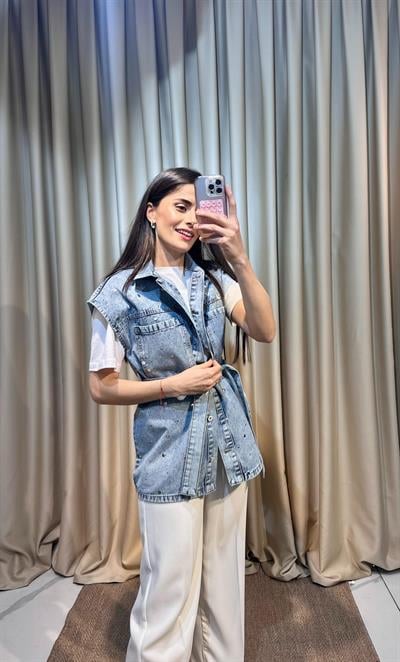 Zımba Detay Açık Kot Yelek