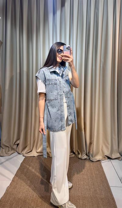 Zımba Detay Açık Kot Yelek