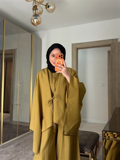 BURJ PELERİN KİMONO HAM KETEN TASARIM TAKIM 