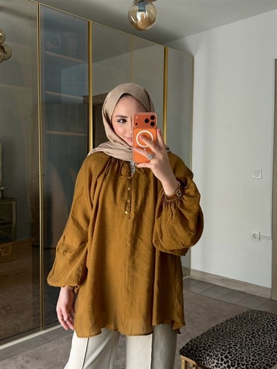 ZANA BALON KOL VUAL ŞIK TUNİK HARDAL