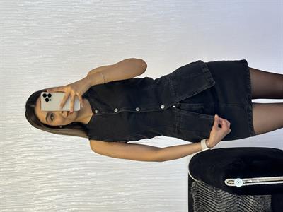 Antrasit Denim Sıfır Yaka Yelek Etek Takım