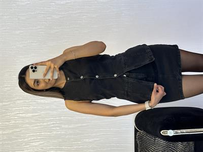 Antrasit Denim Sıfır Yaka Yelek Etek Takım