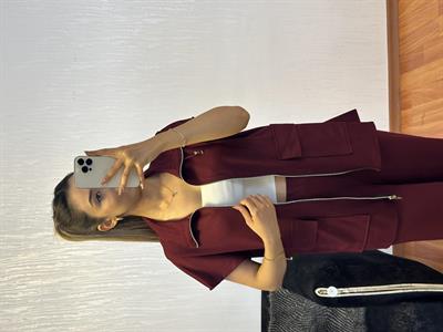 Bordo Bel Lastik Detaylı Yelekli Modal Takım