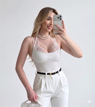 Dantel Detaylı Askılı Bodysuit Beyaz