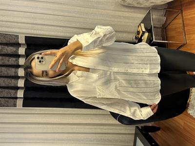 Ekru Çizgi Detaylı Oversize Gömlek