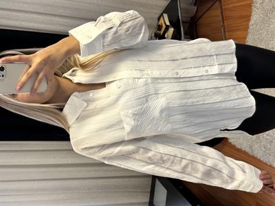Ekru Çizgi Detaylı Oversize Gömlek