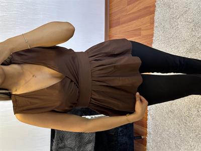 Eteği Valonlu Beli Kuşaklı Kruvaze Poplin Bluz kahverengi
