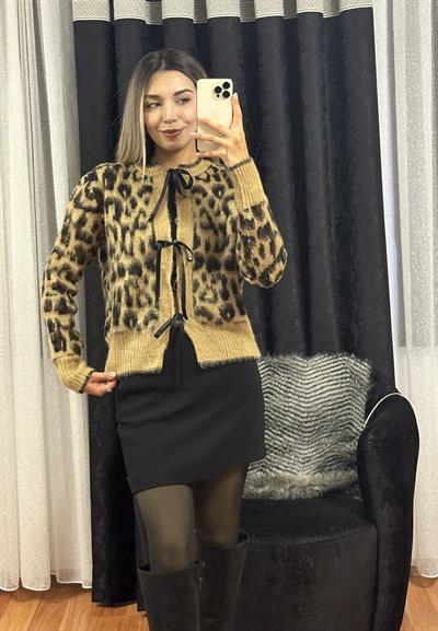 Fiyonk Detay Leopar Desen Kahverengi Hırka