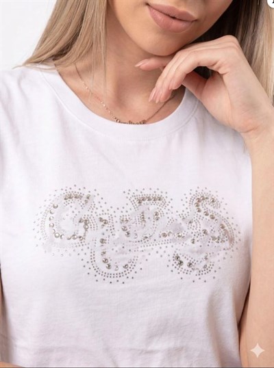 G Style Taş Yazılı Oversize Beyaz Tişört