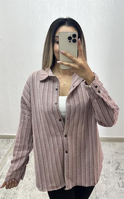 Keten Oversize Gömlek Bordo Çizgili