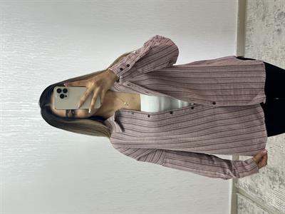 Keten Oversize Gömlek Bordo Çizgili