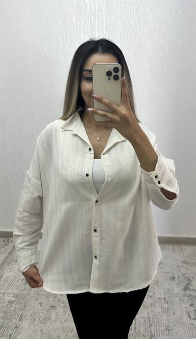 Keten Oversize Gömlek Krem Çizgili