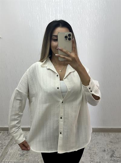 Keten Oversize Gömlek Krem Çizgili