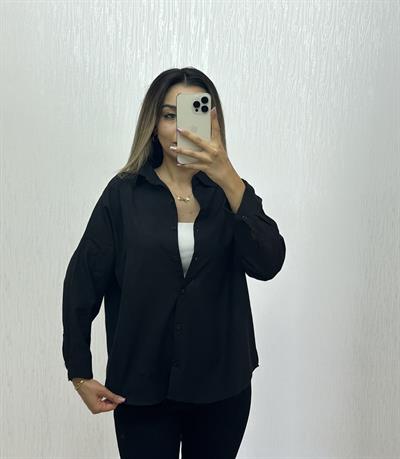 Keten Oversize Gömlek Siyah