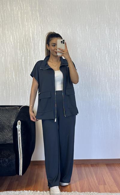 Antrasit Bel Lastik Detaylı Yelekli Modal Takım