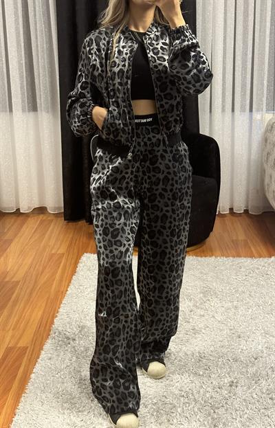 Leopar Desen Bomber Ceket Siyah