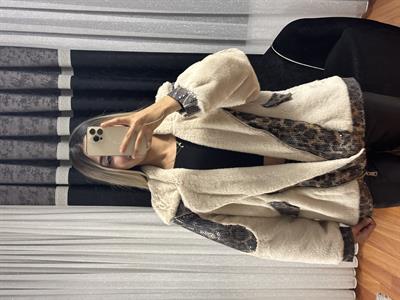 Leopar Desen Payetli Bej Kürk