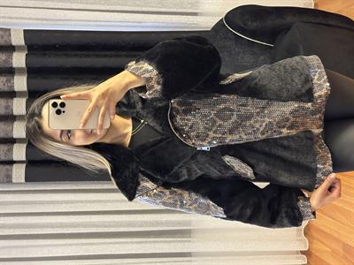 Leopar Desen Payetli Siyah Kürk