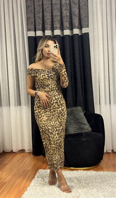 Leopar Desen Tek Omuz Tül Elbise Kahverengi