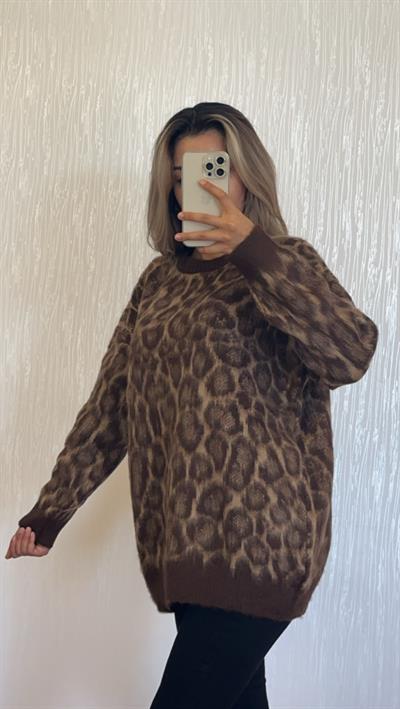 Leopar Desenli Uzun Kazak Kahverengi