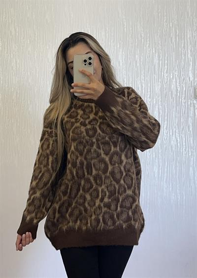 Leopar Desenli Uzun Kazak Kahverengi