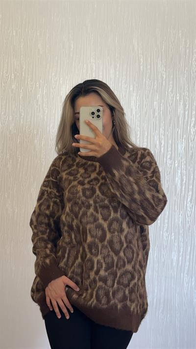 Leopar Desenli Uzun Kazak Kahverengi