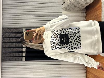 Leopar Detay Kapüşonlü Sweatshirt Beyaz