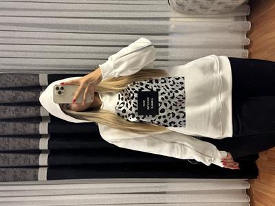 Leopar Detay Kapüşonlü Sweatshirt Beyaz