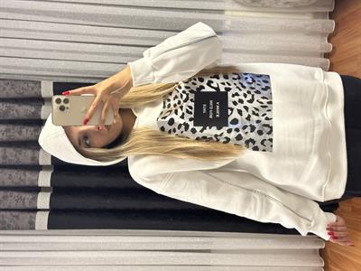 Leopar Detay Kapüşonlü Sweatshirt Beyaz