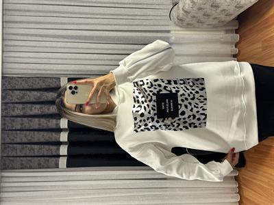 Leopar Detay Kapüşonlü Sweatshirt Beyaz