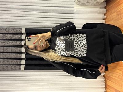 Leopar Detay Kapüşonlü Sweatshirt Siyah