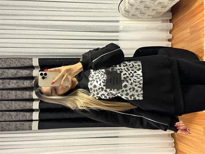 Leopar Detay Kapüşonlü Sweatshirt Siyah