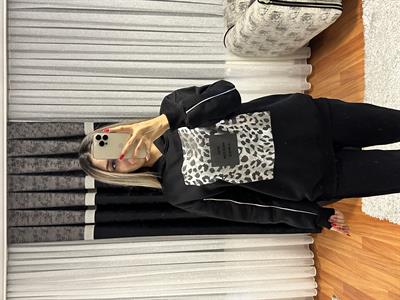 Leopar Detay Kapüşonlü Sweatshirt Siyah
