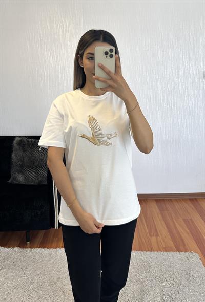 Marka Muadil Kuş Gold Kompakt T-Shirt Kırık Beyaz