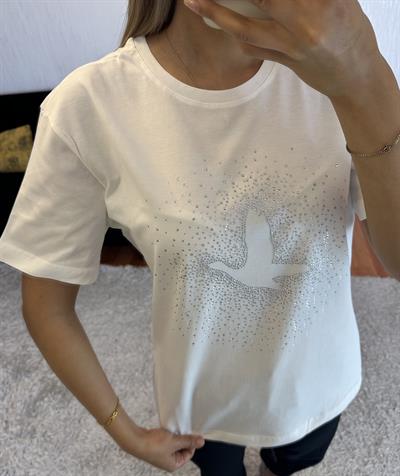 Marka Muadil Kuş Serpme Taşlı T-Shirt Kırık Beyaz