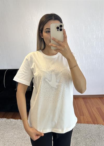 Marka Muadil Kuş Serpme Taşlı T-Shirt Kırık Beyaz