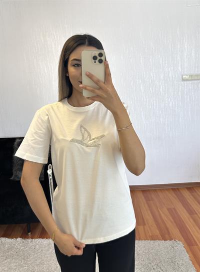 Marka Muadil Kuş Taşlı T-Shirt Kırık Beyaz