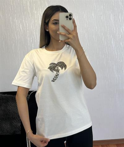 Marka Muadil Palmiye Taşlı T-Shirt Kırık Beyaz