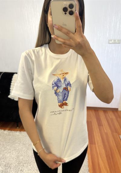 Marka Muadil Teddy Baskı Kırık Beyaz Tişört