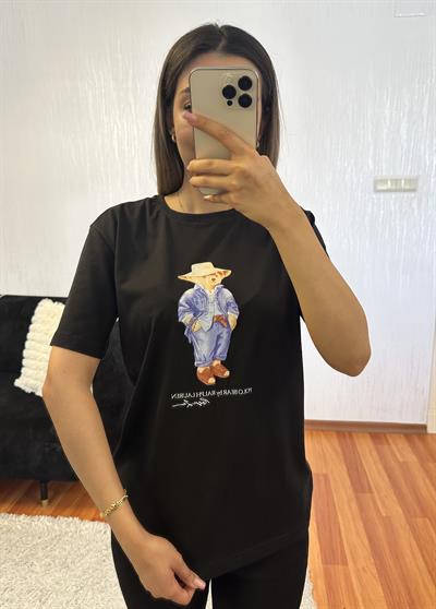 Marka Muadil Teddy Baskı Siyah Tişört