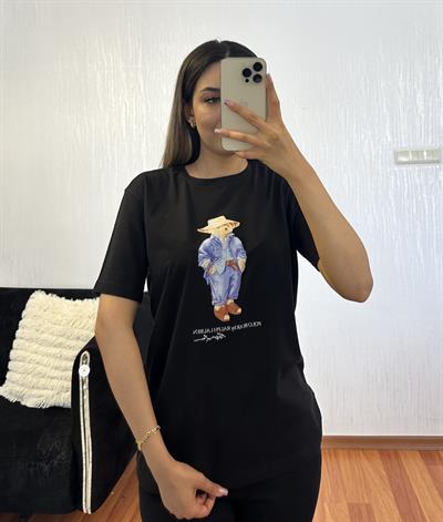 Marka Muadil Teddy Baskı Siyah Tişört