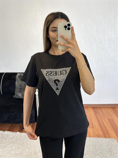Marka Muadil Üçgen Taş Baskı T-Shirt Siyah