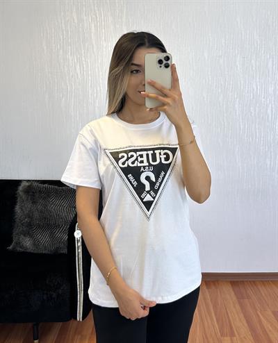 Marka Muadil  Üçgen Taşlı T-Shirt Beyaz