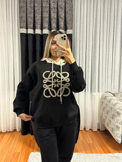 Muadil İşleme Detay Siyah Kapüşonlu Sweatshirt