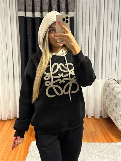 Muadil İşleme Detay Siyah Kapüşonlu Sweatshirt