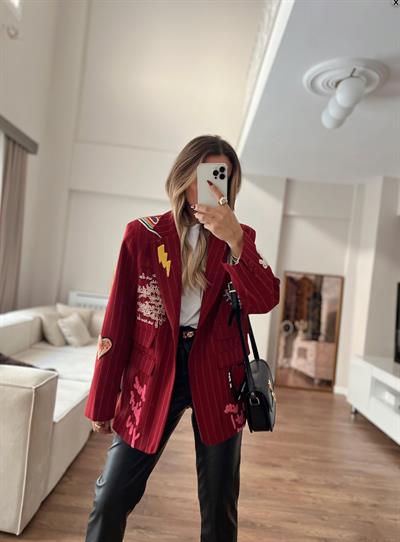 Nakış Detaylı Ceket Bordo