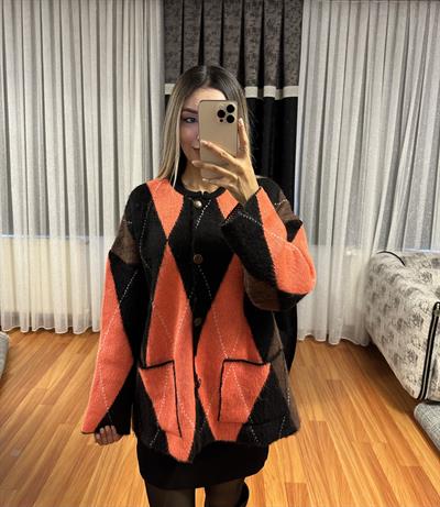 Orange - Siyah Baklava Desen Düğmeli Hırka