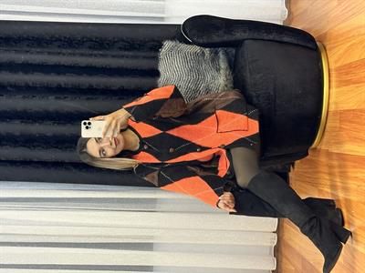 Orange - Siyah Baklava Desen Düğmeli Hırka