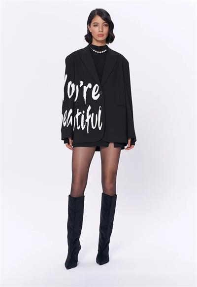 Oversize Baskı Detaylı Blazer Ceket Siyah
